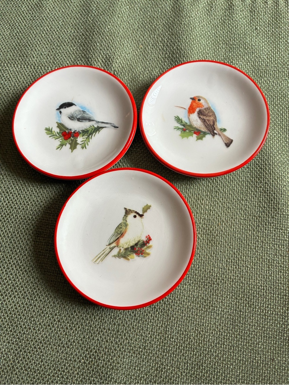 Bird Pattern Ceramic vintage Trinket Dish Set - Red Trim